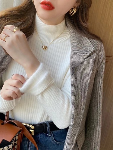 Women's Semi-High Collar Fleece Knit Sweater for Autumn/Winter 2025 New Arrival Crewneck Top with Integrated Fleece Lining - Thick and Luxurious High-End Outerwear