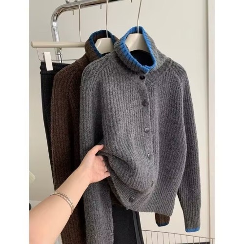 Women's Deep Gray High-Neck Sweater Jacket with Wool Knit Open Cardigan, Soft and Skin-Friendly, Cozy for Autumn and Winter
