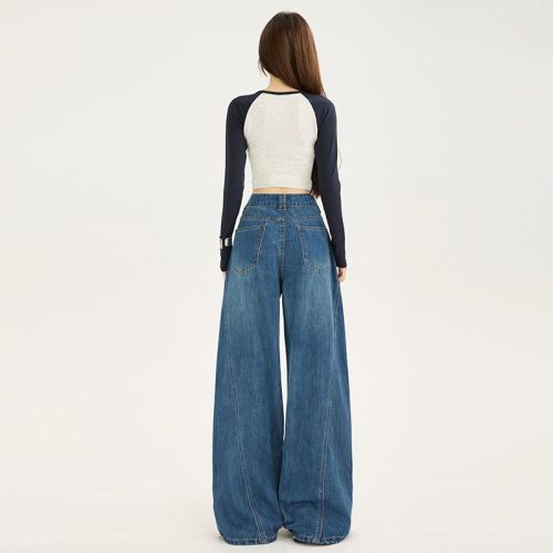 Fall New Arrival High-Waisted Wide-Leg Denim Pants for Women: Cat-Eye Design, Straight Leg, Perfect for Petite Frames—Flowing, Slim Fit, and Floor-Sweeping Style