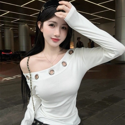 Cotton 260g Women's Autumn Long-Sleeve T-Shirt with Design-Embossed Slant Shoulder Design