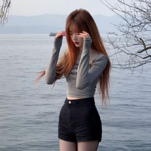 Official Art Original Quality American Style Long-Sleeve T-Shirt Hot Girl Fitted Slimming Short-Sleeve Top