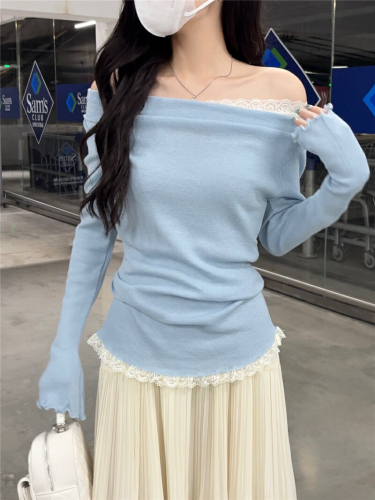 Photographed One-Shoulder Lace Off-the-Shoulder Knit Women's 2025 Summer New Thin Versatile Gentle Base Shirt