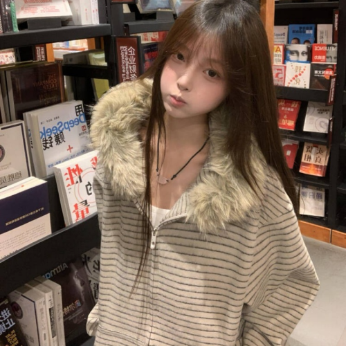 Cotton and Flannel Fleece Lined Striped Hooded Zip-Up Sweatshirt Jacket for Women - Autumn/Winter Plush Top