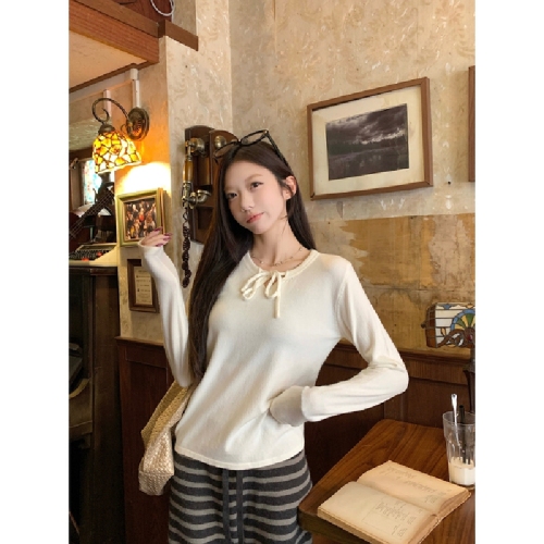 Photographed Autumn/Winter Korean-style bow tie strap design, Andy velvet knitted sweater long sleeve women's inner sweater