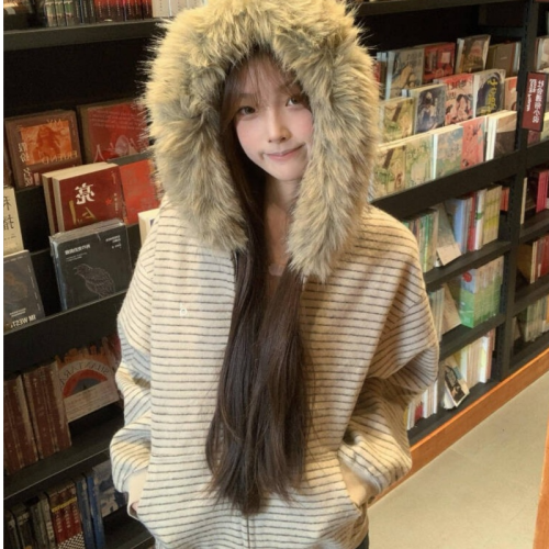 Cotton and Flannel Fleece Lined Striped Hooded Zip-Up Sweatshirt Jacket for Women - Autumn/Winter Plush Top