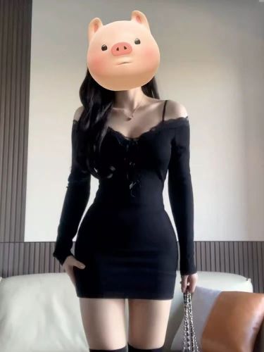 Black Knit Dress for Women - Early Autumn 2025 New Arrival - Lace Edge Fitted Waist Bodycon Sexy Booty Dress