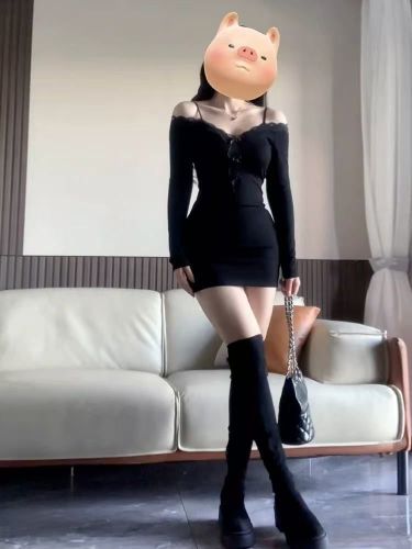 Black Knit Dress for Women - Early Autumn 2025 New Arrival - Lace Edge Fitted Waist Bodycon Sexy Booty Dress