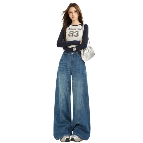 Fall New Arrival High-Waisted Wide-Leg Denim Pants for Women: Cat-Eye Design, Straight Leg, Perfect for Petite Frames—Flowing, Slim Fit, and Floor-Sweeping Style