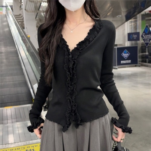 Shot-in-the-Field Layered Lotus Edge Cardigan for Women - Autumn Quality Slim Design Long-Sleeve Top