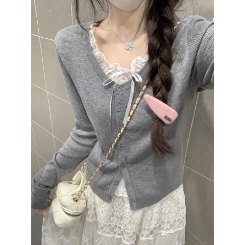 Real-shot Autumn/Winter Korean-style Alluring Elegant Slimming Faux Two-Piece Lace-Panelled Andy Velvet Knitted Base Top