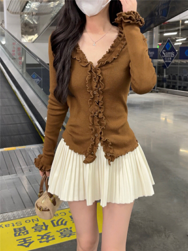 Shot-in-the-Field Layered Lotus Edge Cardigan for Women - Autumn Quality Slim Design Long-Sleeve Top