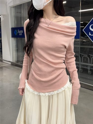 Photographed One-Shoulder Lace Off-the-Shoulder Knit Women's 2025 Summer New Thin Versatile Gentle Base Shirt