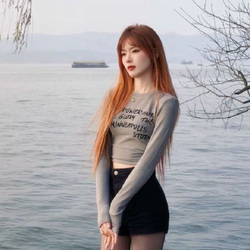Official Art Original Quality American Style Long-Sleeve T-Shirt Hot Girl Fitted Slimming Short-Sleeve Top