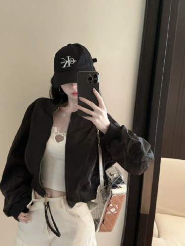 Actual shoot~ 2025 Autumn New Stylish Retro Stand-up Collar Small Figure Versatile Baseball Jacket Zipper Long Sleeve Coat