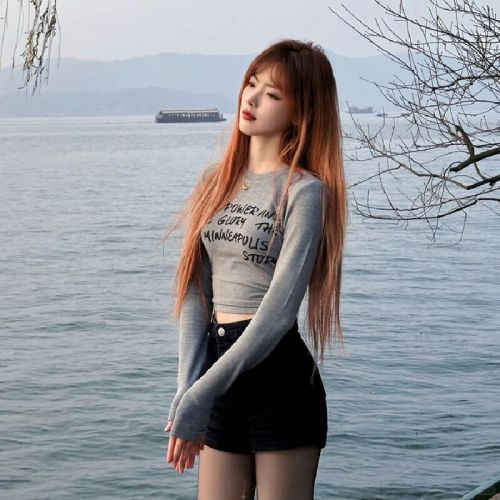 Official Art Original Quality American Style Long-Sleeve T-Shirt Hot Girl Fitted Slimming Short-Sleeve Top