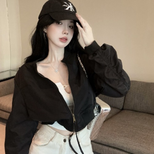 Actual shoot~ 2025 Autumn New Stylish Retro Stand-up Collar Small Figure Versatile Baseball Jacket Zipper Long Sleeve Coat