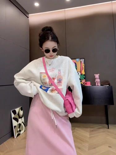 Women's Loose Fit Crew Neck Sweatshirt with Print, 2025 New Retro High-End American Style Top