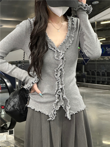 Shot-in-the-Field Layered Lotus Edge Cardigan for Women - Autumn Quality Slim Design Long-Sleeve Top