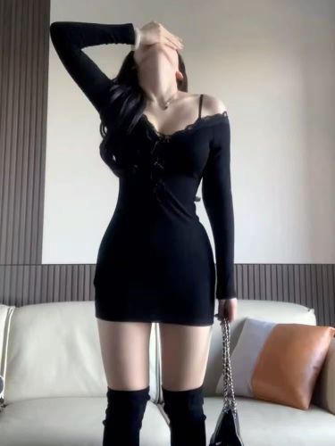 Black Knit Dress for Women - Early Autumn 2025 New Arrival - Lace Edge Fitted Waist Bodycon Sexy Booty Dress