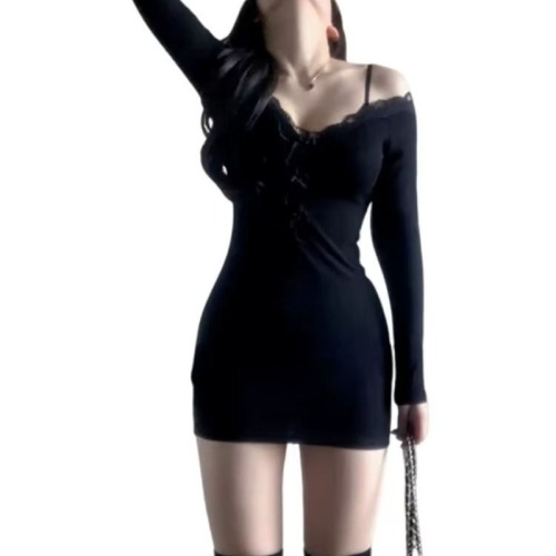 Black Knit Dress for Women - Early Autumn 2025 New Arrival - Lace Edge Fitted Waist Bodycon Sexy Booty Dress