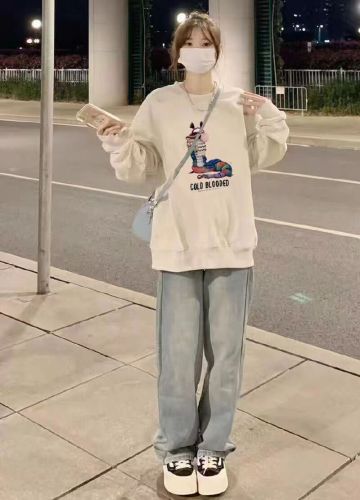 High-quality cotton blend CVC ribbed crew neck printed sweatshirt for women and men, regular, with thermal lining