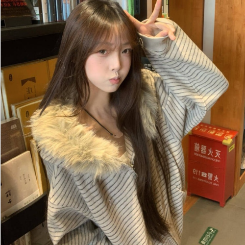 Cotton and Flannel Fleece Lined Striped Hooded Zip-Up Sweatshirt Jacket for Women - Autumn/Winter Plush Top