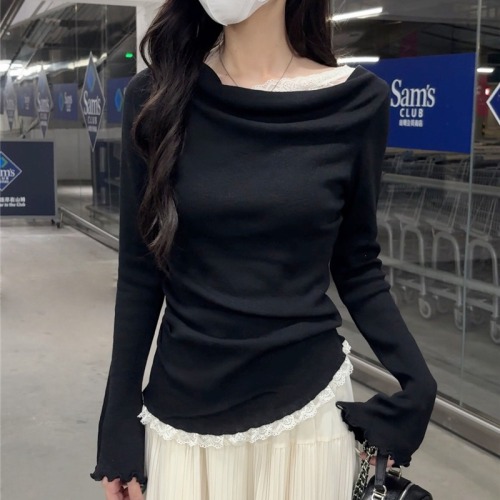 Photographed One-Shoulder Lace Off-the-Shoulder Knit Women's 2025 Summer New Thin Versatile Gentle Base Shirt