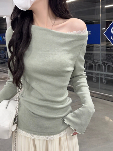 Photographed One-Shoulder Lace Off-the-Shoulder Knit Women's 2025 Summer New Thin Versatile Gentle Base Shirt