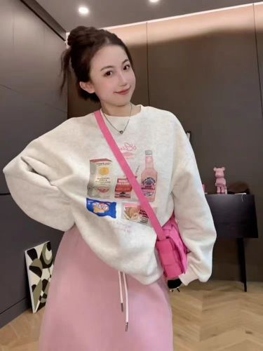 Women's Loose Fit Crew Neck Sweatshirt with Print, 2025 New Retro High-End American Style Top