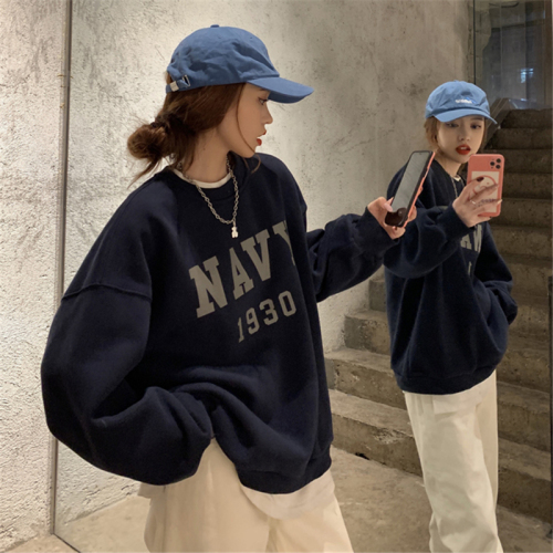 Cushioned and Thickened Fish Scale Thin Round Neck Printed Hoodie for Women - Autumn Thin Model Lazy Style Loose Long Sleeve