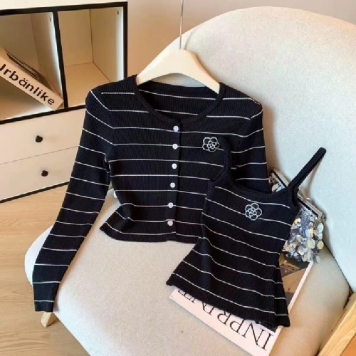 Women's Spring Blossom Striped Long Sleeve Knit Cardigan Fall New Style Versatile Small Camisole Two-Piece Set