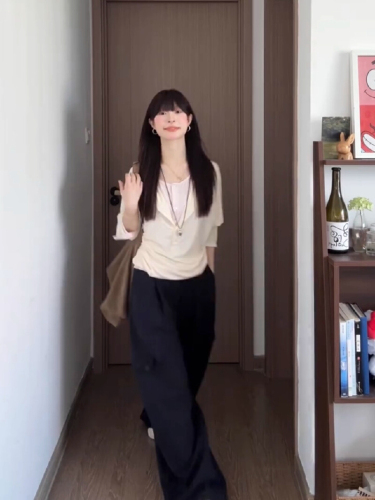 Official image, cotton blend Korean-style pink gentle wind, two-piece long-sleeve women's T-shirt, autumn loose lazy upper