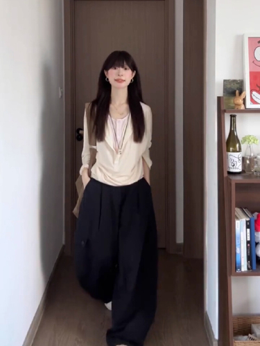 Official image, cotton blend Korean-style pink gentle wind, two-piece long-sleeve women's T-shirt, autumn loose lazy upper