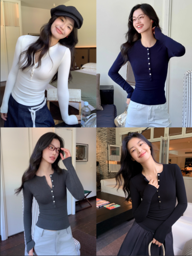 Official Image Golden Cashmere Henry Shirt Long Sleeve Square Shoulder T-Shirt Women Fitted Inner Layer Base Shirt