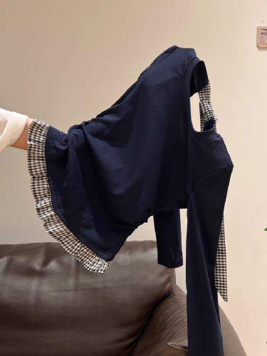 Blue-Trimmed Bow Button-Down Collar Long-Sleeve T-Shirt for Women 2025 Early Autumn Pleated Fitted Base Layer Top