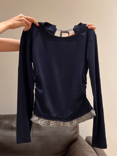 Blue-Trimmed Bow Button-Down Collar Long-Sleeve T-Shirt for Women 2025 Early Autumn Pleated Fitted Base Layer Top