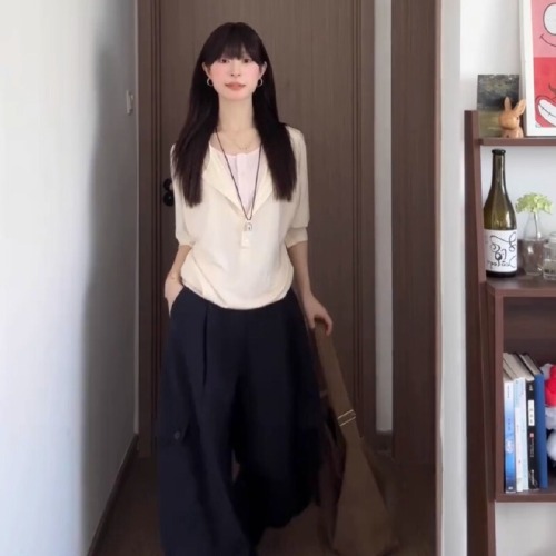 Official image, cotton blend Korean-style pink gentle wind, two-piece long-sleeve women's T-shirt, autumn loose lazy upper