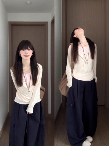 Official image, cotton blend Korean-style pink gentle wind, two-piece long-sleeve women's T-shirt, autumn loose lazy upper