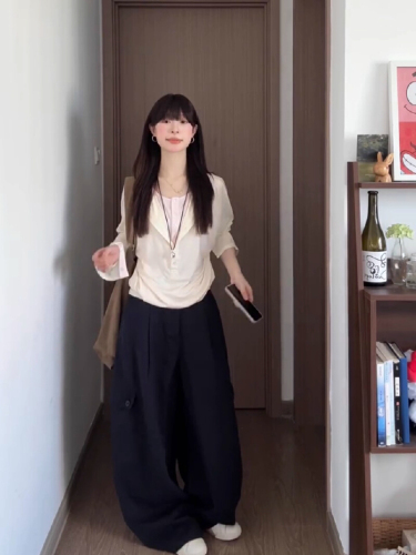 Official image, cotton blend Korean-style pink gentle wind, two-piece long-sleeve women's T-shirt, autumn loose lazy upper