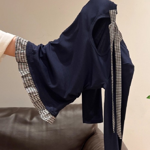 Blue-Trimmed Bow Button-Down Collar Long-Sleeve T-Shirt for Women 2025 Early Autumn Pleated Fitted Base Layer Top