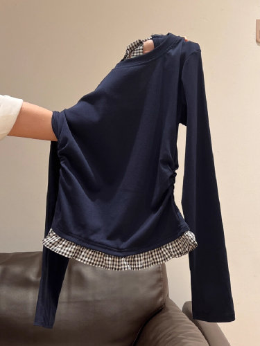 Blue-Trimmed Bow Button-Down Collar Long-Sleeve T-Shirt for Women 2025 Early Autumn Pleated Fitted Base Layer Top