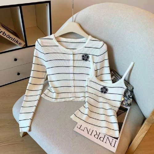 Women's Spring Blossom Striped Long Sleeve Knit Cardigan Fall New Style Versatile Small Camisole Two-Piece Set