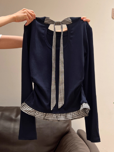 Blue-Trimmed Bow Button-Down Collar Long-Sleeve T-Shirt for Women 2025 Early Autumn Pleated Fitted Base Layer Top