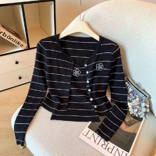 Women's Spring Blossom Striped Long Sleeve Knit Cardigan Fall New Style Versatile Small Camisole Two-Piece Set