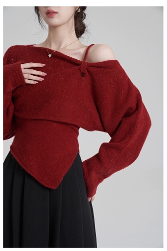 Pure Desire Atmosphere One-Shoulder Long-Sleeve Sweatshirt Cover-up + Irregular Tailored Knit Tank Top Two-Piece Set