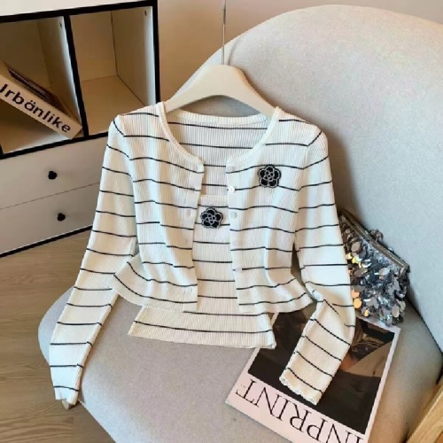 Women's Spring Blossom Striped Long Sleeve Knit Cardigan Fall New Style Versatile Small Camisole Two-Piece Set