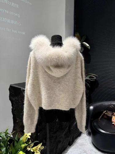 2025 New Hooded Short Length Melting Point Spring and Autumn Knit Cap Sweatshirt for Women with Fox Fur Hood - Small Frame