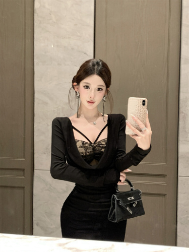 Real-shot sexy lace-embedded faux two-piece dress, new arrival—waist-defined, figure-flattering, sheath-style maxi skirt