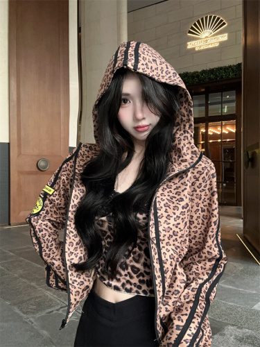 Photographed~ American retro design short coat new winter style stand-up collar hooded waist-cinch slimming leopard print cardigan