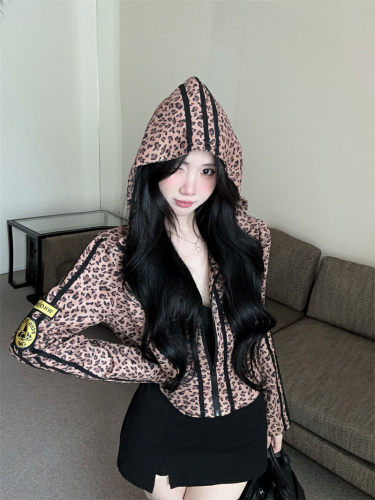 Photographed~ American retro design short coat new winter style stand-up collar hooded waist-cinch slimming leopard print cardigan